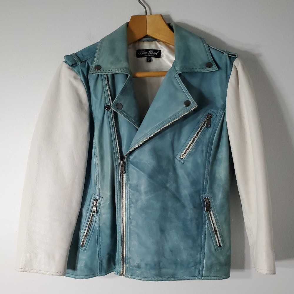 Blue Pearl Leather Motorcycle Jacket